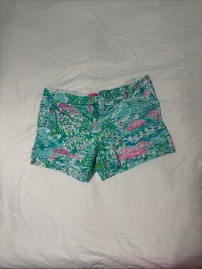 Lilly Pulitzer Turquoise Floral-Print Cotton Shorts with Pink Accents